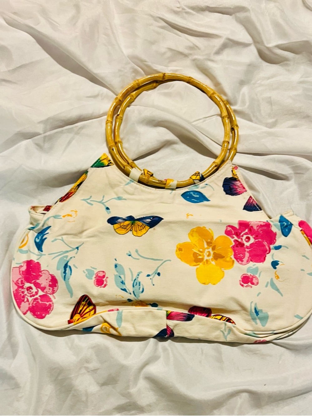 Floral Butterfly Bamboo Handle Tote - Cream with Pink & Yellow Accents